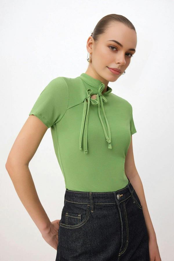 WOVCOR High Neck Tie Detail Fitted Long Sleeve Blouse