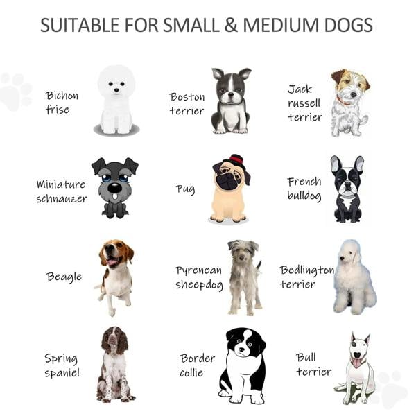 Natural wood pet gate with black wire mesh, size diagram for small and medium dogs.