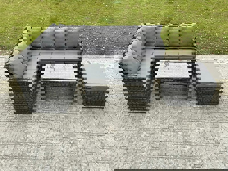 Fimous 7 Seater Outdoor Rattan Garden Furniture Set Corner Sofa Oblong Coffee Table Sets with Patio Big Footstool Dark Grey Mixed