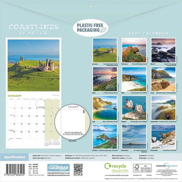 Coastlines Of Britain Calendar 2027, Wall Calendars, Month To View, Travel, Gift