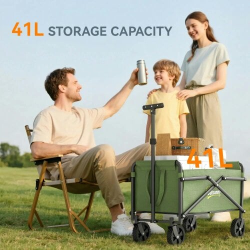 Bobobiy 41L Festival Trolley on Wheels, 60kg Heavy Duty Collapsible Foldable Wagon with Adjustable Handle and Carrying Bag for Beach, Green