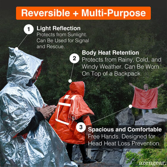 aZengear Reversible Emergency Survival Foil Poncho (4pc)