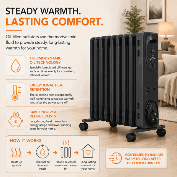 MYLEK Oil Filled Radiator 2000W Portable Heater Thermostat 3 Heat Settings Grey
