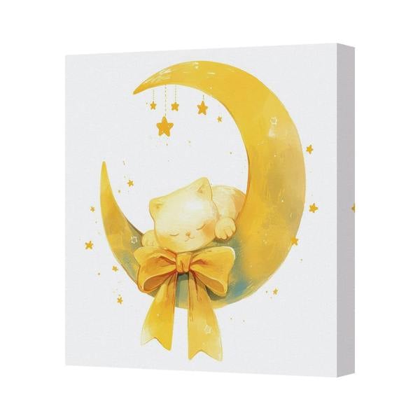 Benjamin Tate Design UK Handmade Crescent Moon Cat Framed Canvas Art Print With Bow