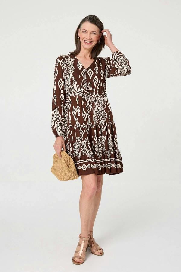 Brown | Printed Tiered V-Neck Knee Length Dress