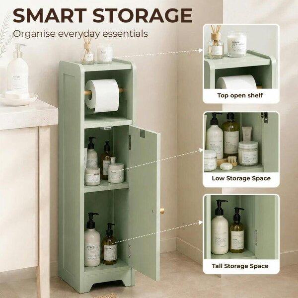 Small Bathroom Storage Cabinet with Toilet Roll Holder - Light Green