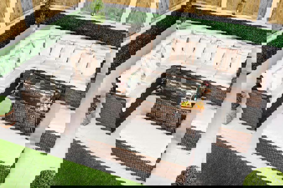 Giardino Santorini 6 Seat Modular Corner Sofa Rattan Garden Furniture Set Outdoor Fire Pit Coffee Table, Bench and Stool