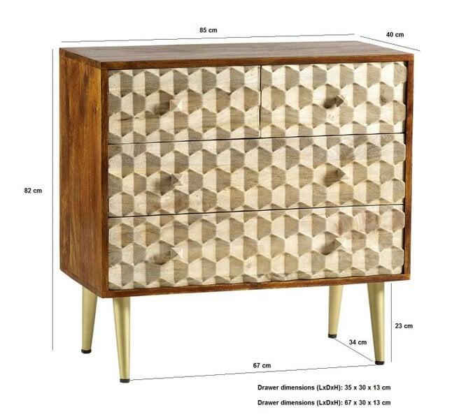 Wyld Haus Beijing Mango Wood Chest with 4 Drawers Gold Geometric Pattern