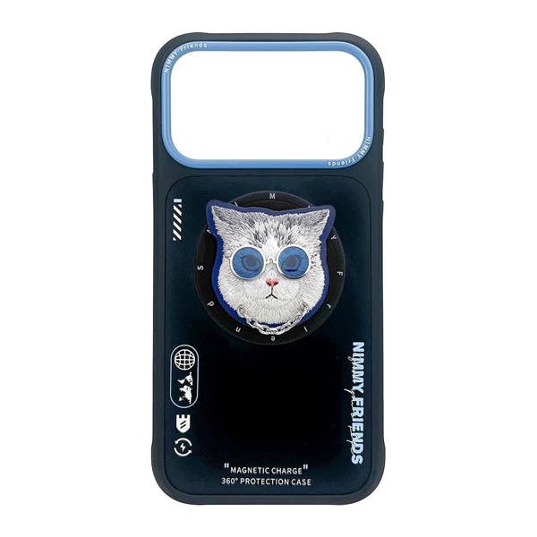 Nimmy Friends Nimmy Glass Cool Cat Face Case with Detachable MagSafe Grip Stand for iPhone 17 Pro Max 6.9" Black Blue - N-YJKM-CXZJ-IP17-PRO-MAX-03