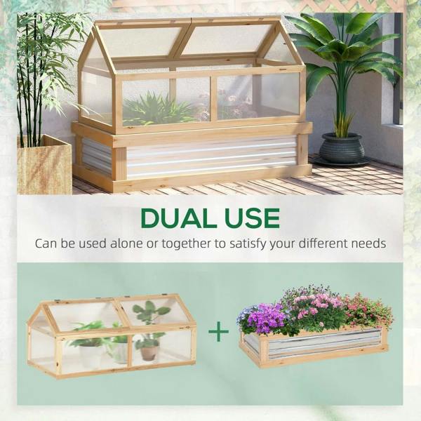 Wooden cold frame greenhouse planter with clear side panels and open wooden top cover