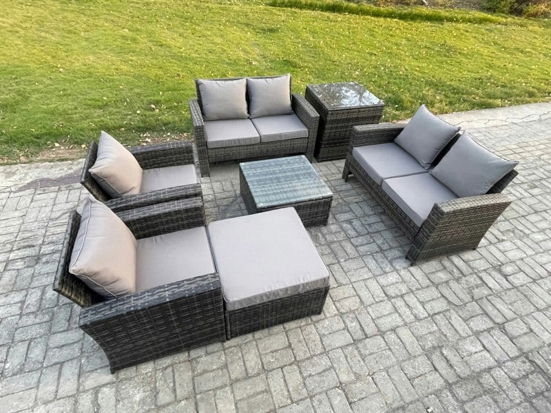 Fimous 7-Seater Rattan Garden Lounge Sofa Set - Dark Grey Mixed Patio Outdoor Furniture with Square Coffee Table & Double Seat Sofa