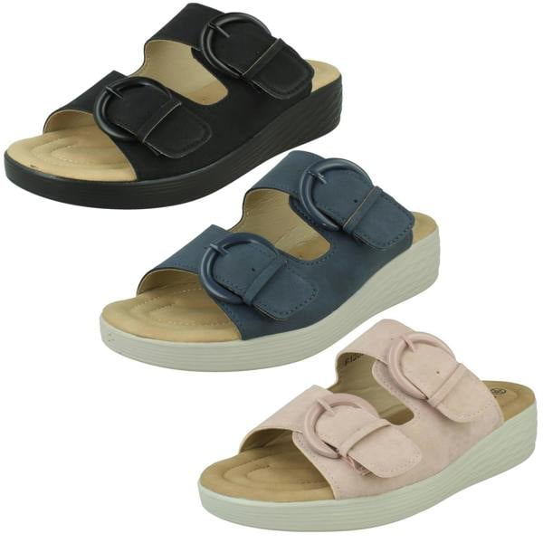 Eaze Ladies Eaze Low Wedge Mule Sandal with Twin Buckle Strap F12077