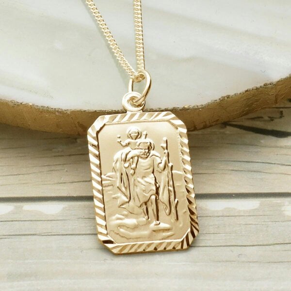 Christopher James of London 9ct Yellow Gold Plated Diamond Cut Rectangle St Christopher Pendant With Optional Engraving and Chain