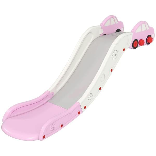 Kids pink plastic bed slide with gray ramp and car-shaped supports
