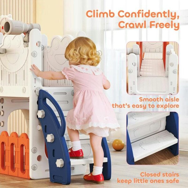 7 in 1 Toddler Slide Set with Basketball Hoop, Climbing Frame, Telescope, Drawing Board, Storage Box, Orange