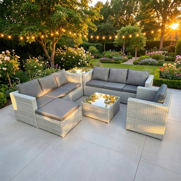Fimous Light Grey Outdoor Rattan Garden Furniture Set Corner Sofa Set 2 Coffee Table Big Footstool Armchair