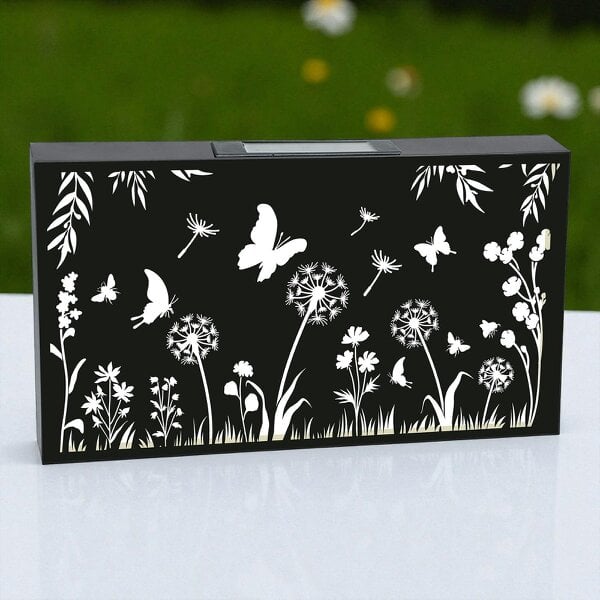 EDH Door Hardware Landscape Solar Wall Panel with Butterfly Outdoor Metal Wall Art with Warm LED Light Weatherproof Garden & Patio Décor