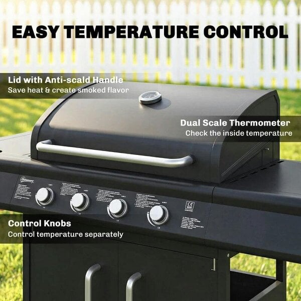Bobobiy 4+1 Burner Gas BBQ Grill with Storage Cabinet, 15.2 kW Gas Barbecue Trolley with Side Table, 4 Wheels, Warming Rack