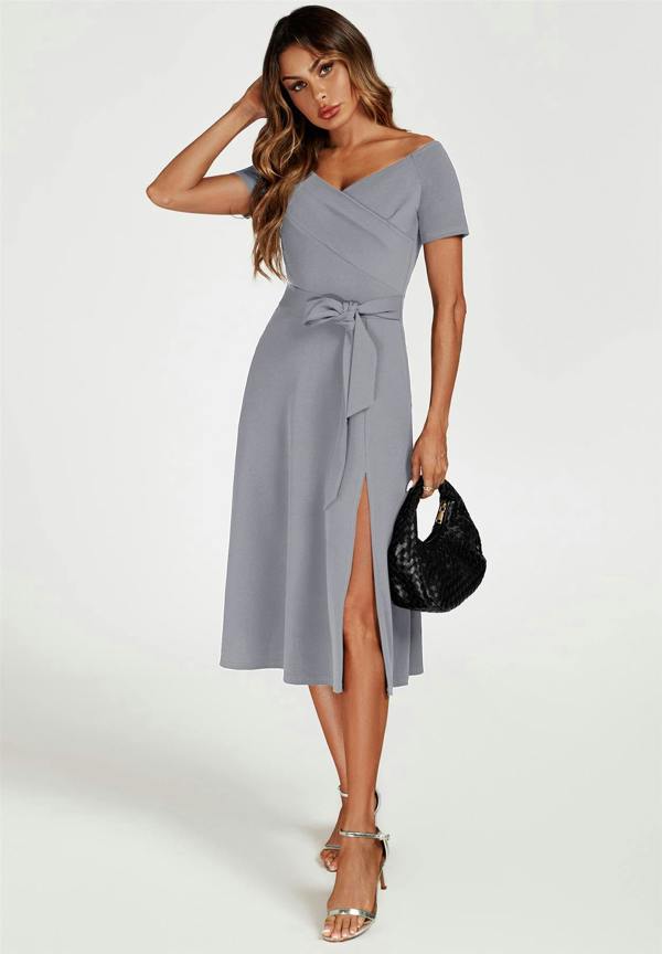 FS Collection Bardot Midi Dress In Grey