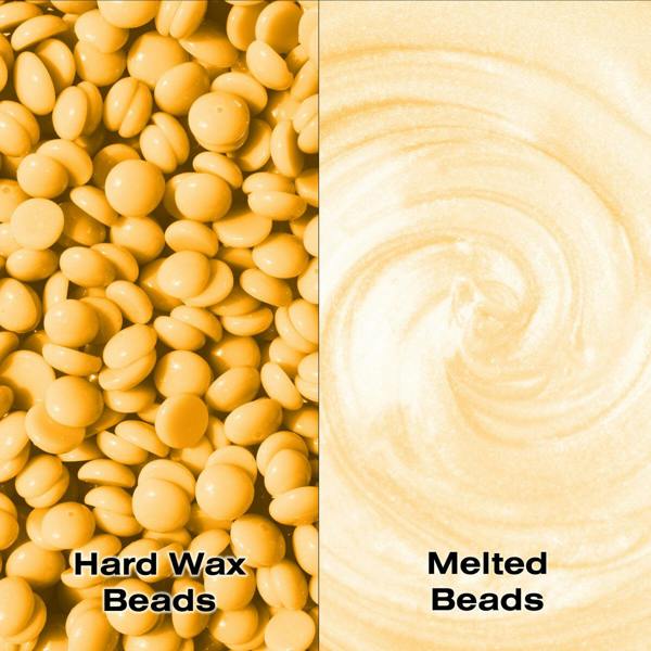 Close-up split image: left shows Rio Honey Go Smooth Stripless Hard Wax Beads (100g); right displays the same wax melted into a creamy swirl. Text labels: Hard Wax Beads and Melted Beads.