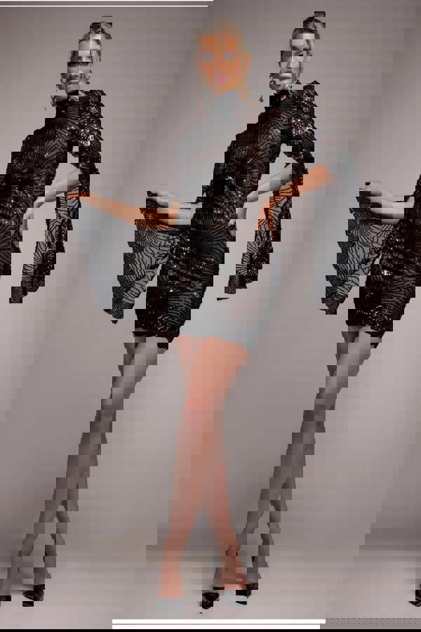 Sequin Starburst Cape Sleeve Mini Dress - Black DR4748