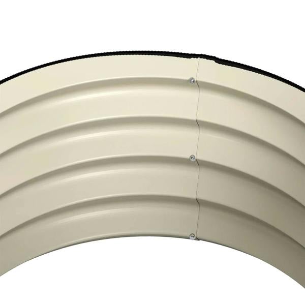 Cream white metal raised garden bed close-up of curved rim and corner bolts