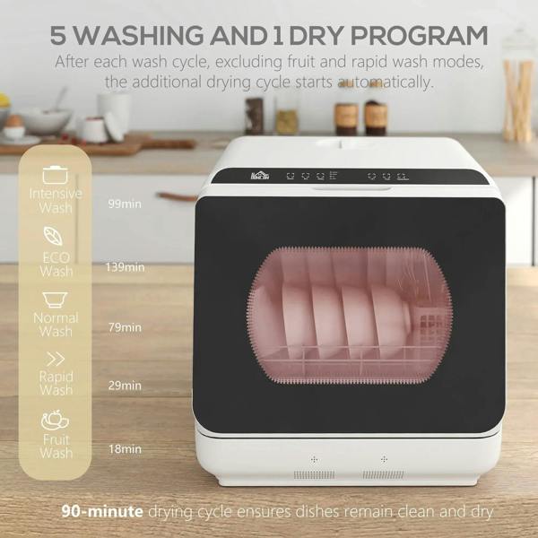 White countertop dishwasher with dark door window and cycle display across front