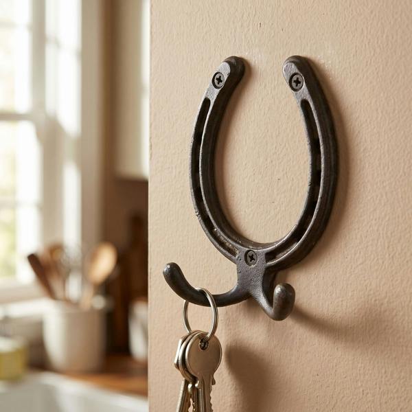 Close-up of antique cast iron horseshoe double hook with keys hanging, mounted on a light umber kitchen wall, showcasing rustic design.