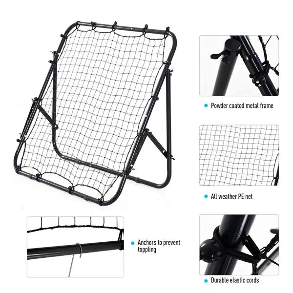 Rebounder kickback net target with black powder-coated metal frame and elastic cords