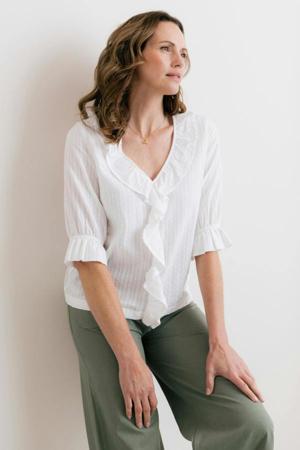 Lily & Me May Embroidered Cotton Frill Blouse White