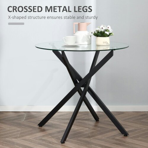 Wyld Haus Bama Metal Black Round Glass Dining Table With Clear Tempered Top For Living And Dining Rooms