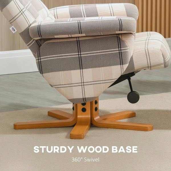 Swivel recliner chair in plaid fabric with sturdy wooden base and 360° swivel