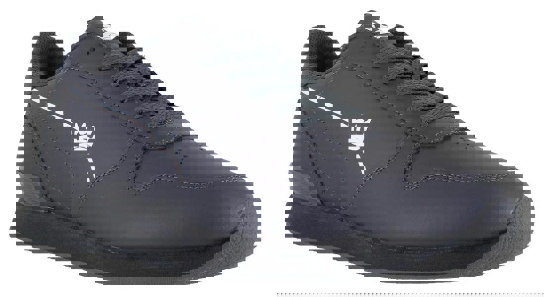 Crown King Mens/Womens Leather Lace Up/Touch Fasten Crown Green Bowls Sports Shoes Trainers, navy blue athletic footwear with white crown logo design and black soles.