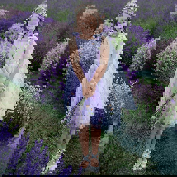 Young girl in a lavender dress standing among lavender flowers