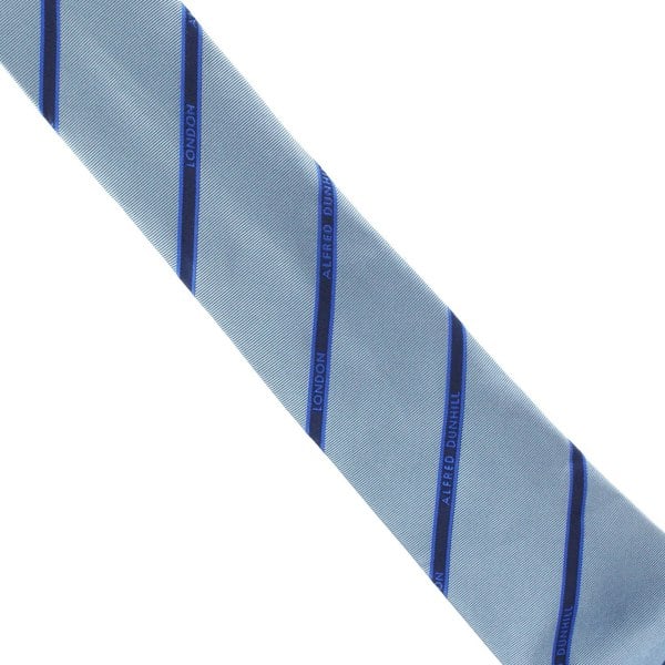 Dunhill selvedge repeat tie in a twill mulberry silk fabric Striped logo repeat pattern dusk blue