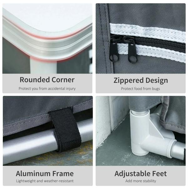 Grey fabric camping cupboard with zipper front, rounded corners, aluminum frame, stable feet.