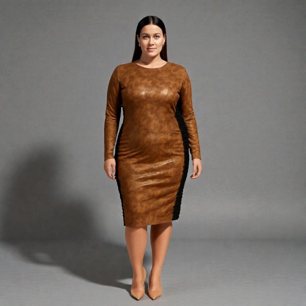Women's Plus Size Black Brown Animal Print Bodycon Midi Vegan Leather Dress styled with heels.