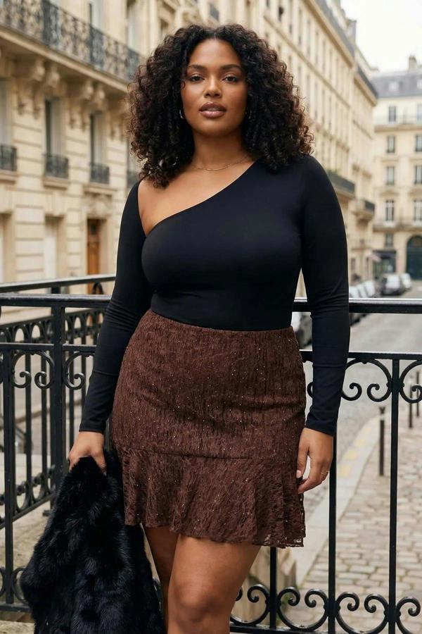 WOVCOR Plus Size Skirt with Ruffled Hem and Knitted Lace