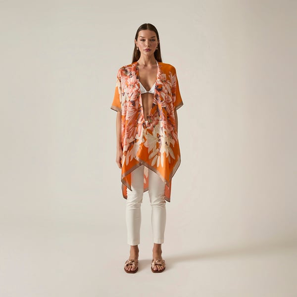 Vibrant orange floral print kaftan, relaxed fit