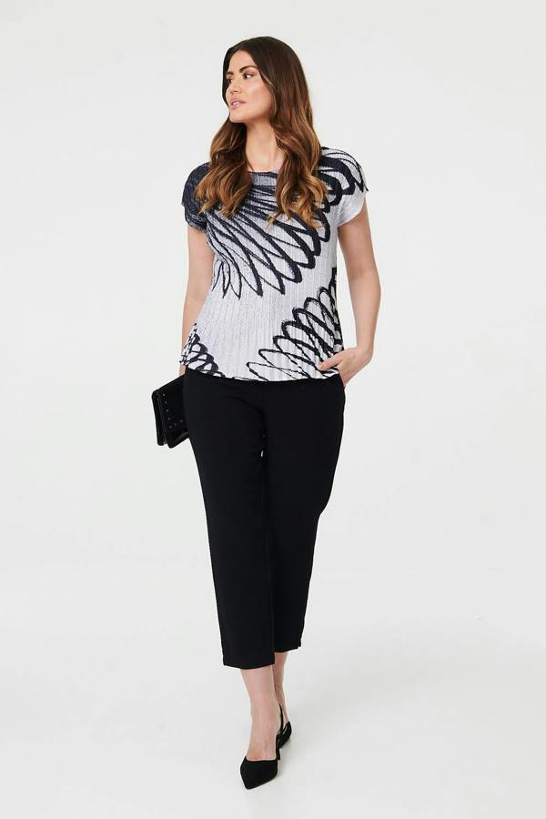 Black | Printed Cap Sleeve Pleated Top