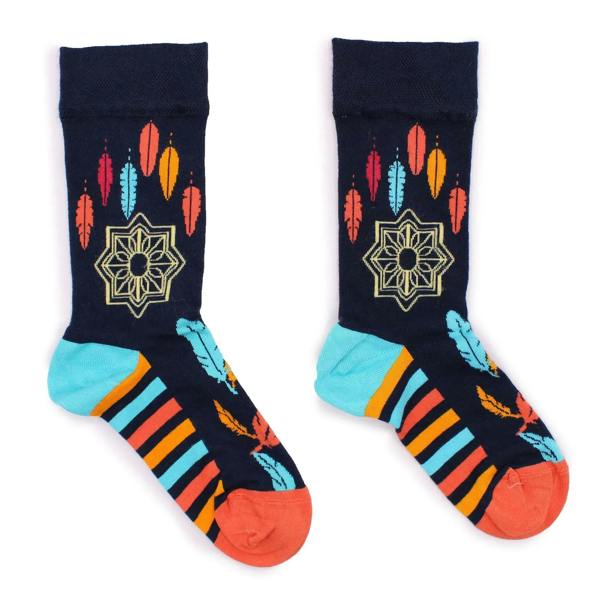 Dark navy bamboo socks with feather print, striped pattern, turquoise heel and orange toe