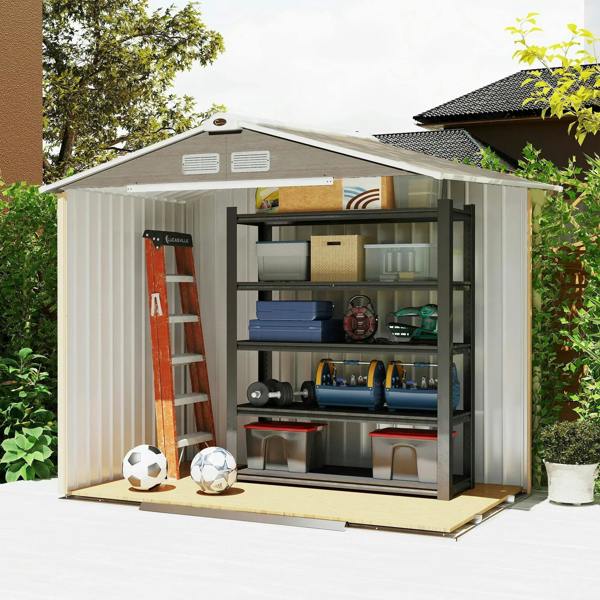 Light brown metal storage shed with double doors open and interior shelving