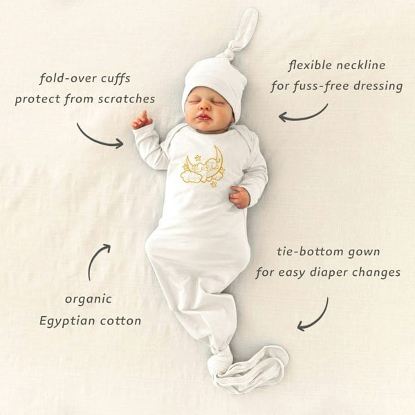 sleeping baby embroidered Gown with flexible neckline, fold-over cuffs, and tie-bottoms