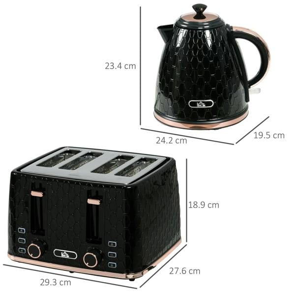Black electric kettle and four-slice toaster set shown with height and width measurements