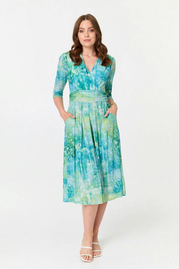 Green | Printed 3/4 Sleeve Wrap Front Midi Dress
