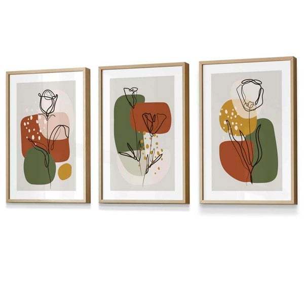 Artze Wall Art Floral Set of 3 Autumn Boho Framed Prints in Orange and Green