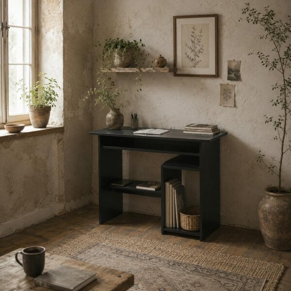 Wyld Haus Moke 80cm Wooden Black Compact Corner Desk With Keyboard Tray And Storage Shelves