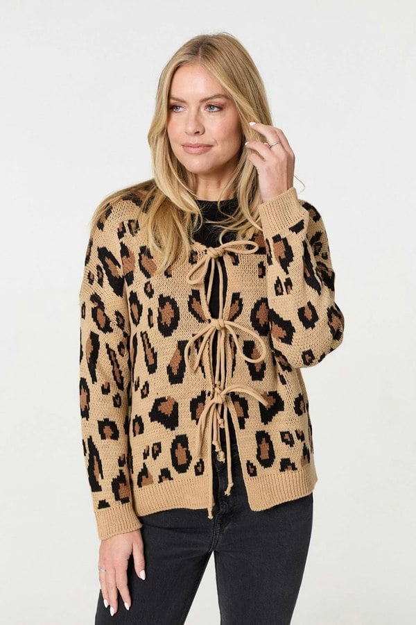 Brown | Animal Print Tie Front Cardigan
