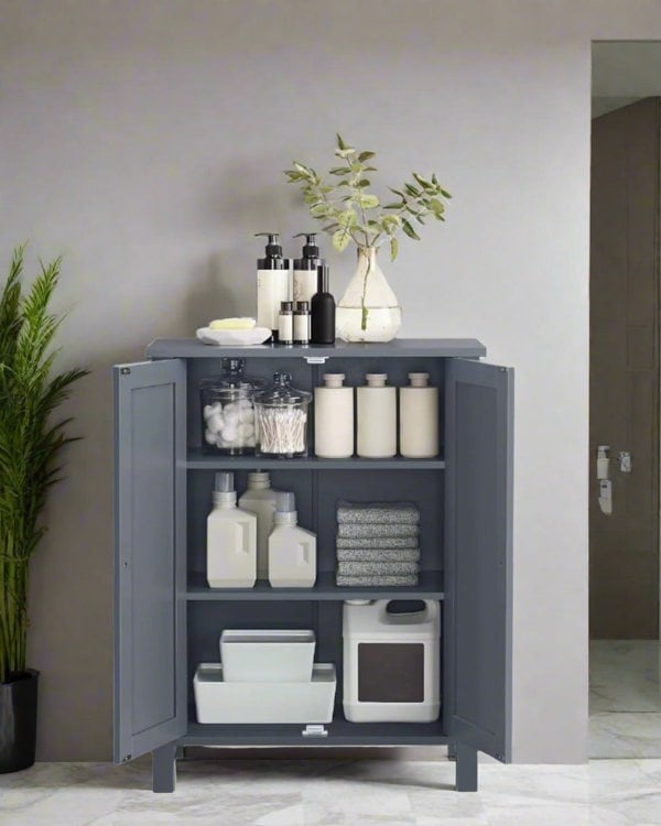 Modcraft Grey Bathroom Storage Cabinet – Freestanding Cupboard with 2 Adjustable Shelves
