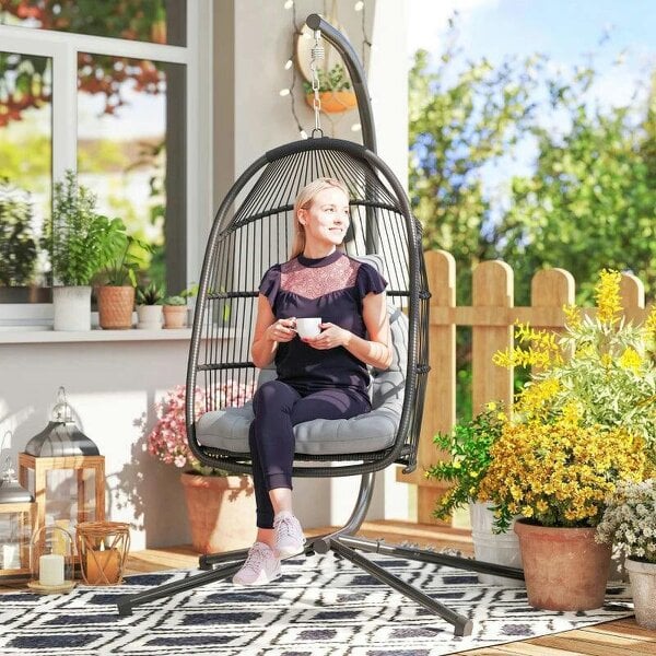 Bobobiy Rattan Hanging Egg Chair with Stand, Foldable Wicker Swing Egg Chair with Cushion, Steel Frame, Hammock Chair, Capacity 150 kg, Dark Grey - Dark Grey